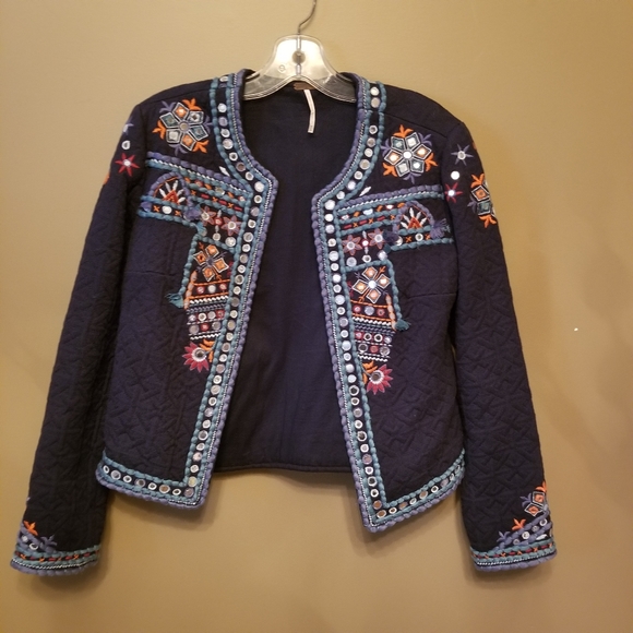 Vintage Temperance Navy Blue Quilted Jewelled Blazer, Size M - Picture 10 of 12